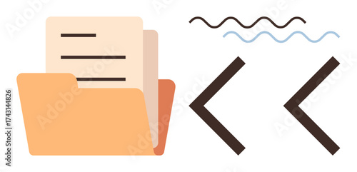 Open folder with documents, wavy lines, and angular brackets conveying organization, text editing, coding, file management, programming, workflow and simplicity. Ideal for clean flat metaphors