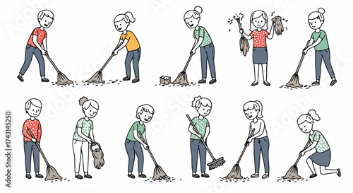 People sweeping outdoors cleaning up debris