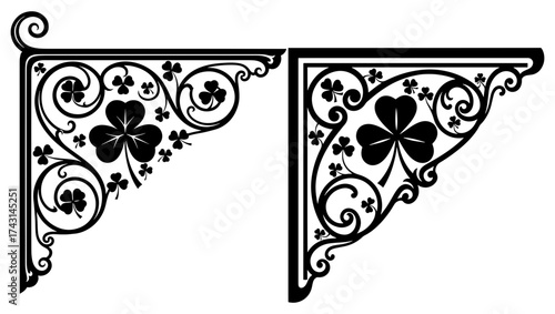 Vector art of two shamrock corner silhouettes, representing irish heritage, luck, and decorative elegance in design