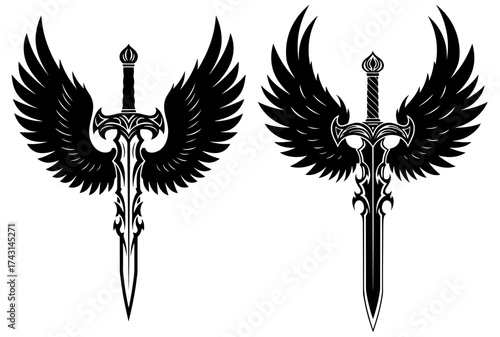 Vector art of two winged sword silhouettes, symbolizing power, protection, and freedom in a bold and striking design