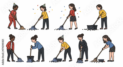Women mopping floors in various outfits