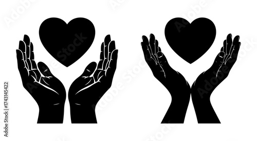 Vector art of two hands holding heart, symbolizing love, care, and support in a simple black silhouette