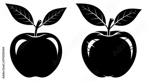 Vector art of two black apple silhouettes with leaves, vector illustration of fruits for decoration and design
