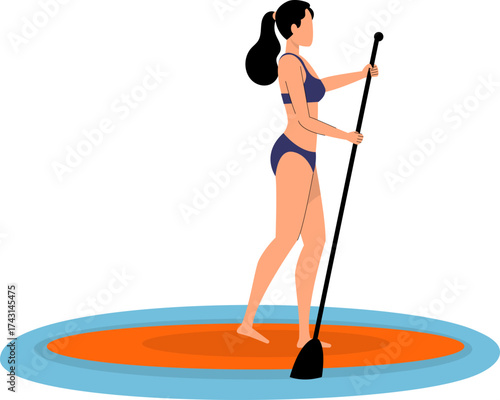 Woman Paddleboarding in Bikini Vector Illustration