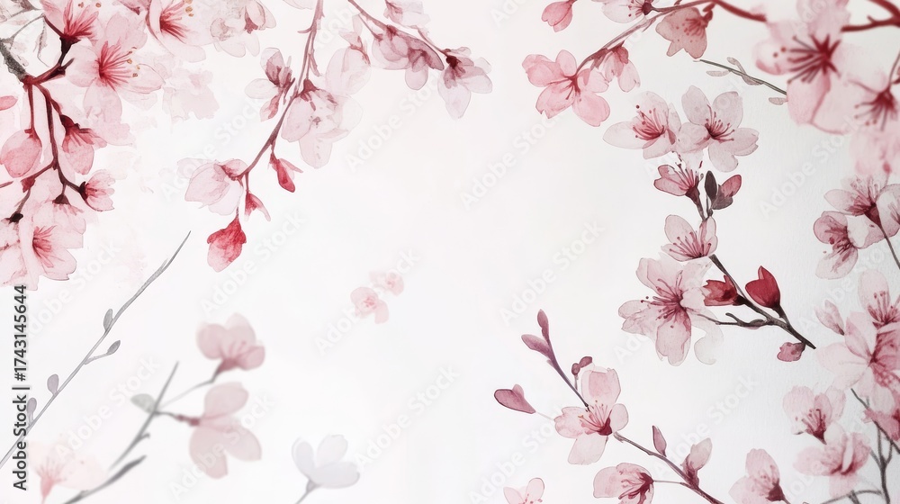 Fototapeta premium 8.A beautiful watercolor sakura wreath with cherry blossom branches curving gently into a circle, delicate pink flowers and light green leaves, evoking the peaceful essence of spring on a clean white