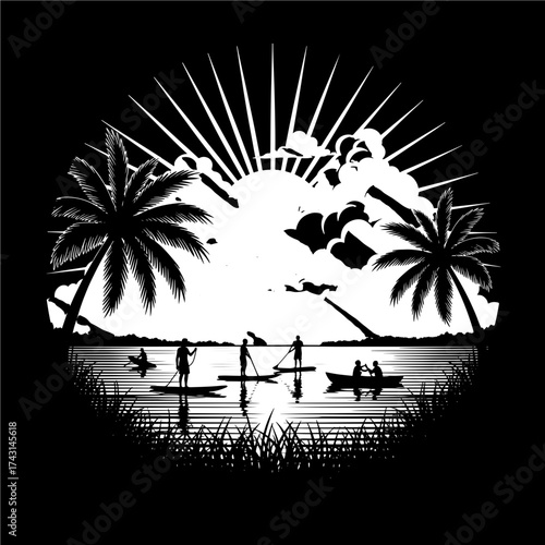 Vector art of paddle boarders and kayakers enjoy a sunset on the water, a serene scene of recreation and nature