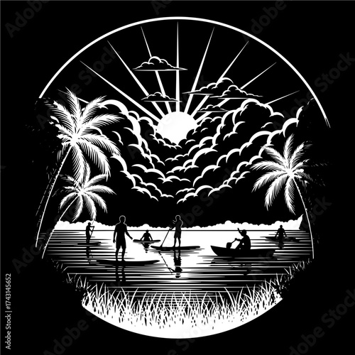 Vector art of a serene black and white illustration of people paddleboarding at sunset, framed by palm trees and a circular border