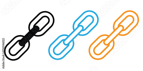 Bold chain links in black, blue and orange for your designs,Minimal Chain Link Icon Set – Monochrome Vector Symbols for Connection, Attachment, Hyperlink and Network Concept Design