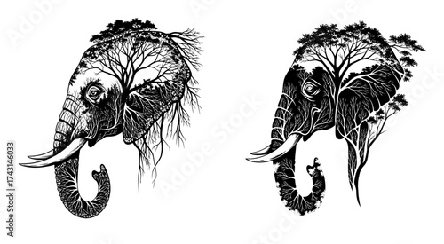 Vector art of two majestic elephants with treelike patterns on their heads, symbolizing natures harmony and the interconnectedness