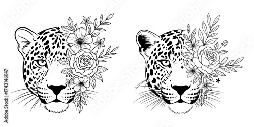 Vector art of two leopard heads adorned with delicate floral arrangements, creating a captivating and elegant design