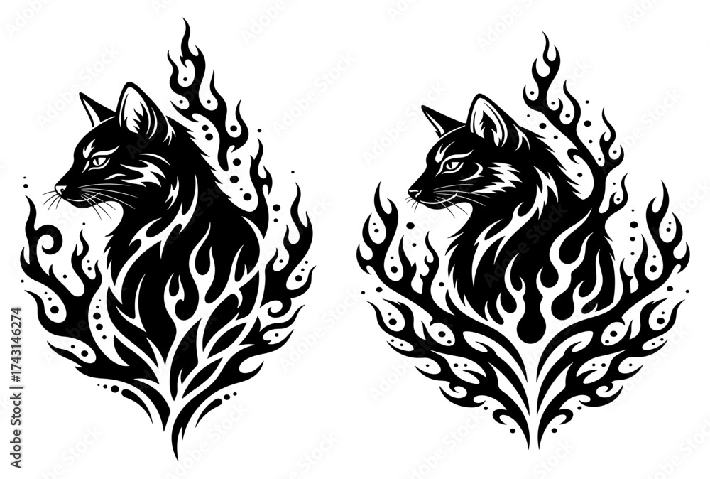 Obraz premium Vector art of captivating fox head illustration, engulfed in stylized flames, creating a striking and mystical design