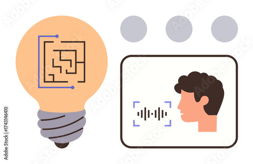 Light bulb with circuit, human profile with voice wave icon, and minimalistic design. Ideal for AI, technology, innovation, connectivity, communication creativity machine learning. Simple flat