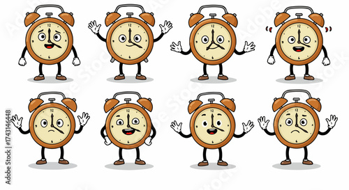 Cartoon alarm clock character with various expressions