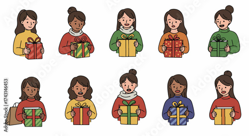 People receiving gifts with various expressions