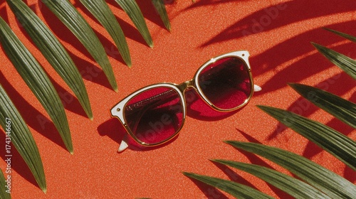 Stylish sunglasses with a retro design amidst tropical palm leaves on orange background evoke