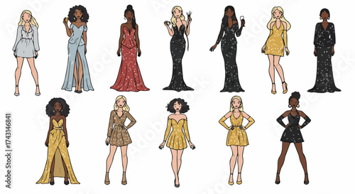 Diverse women in evening dresses fashion collection