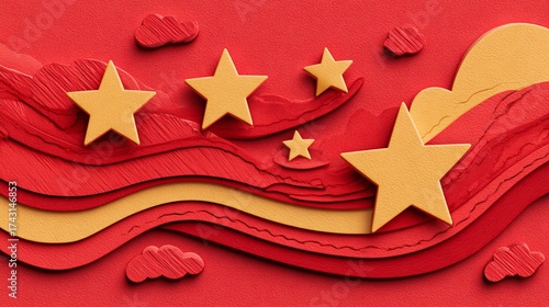 Stylized patriotic background with vibrant colors featuring five golden stars and layered patterns