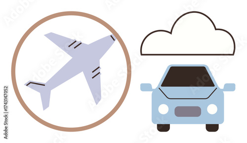 Airplane inside a circle and car below a cloud emphasize travel modes, mobility, journey. Ideal for transport, tourism, logistics, travel planning, eco-travel, connectivity simple flat metaphor