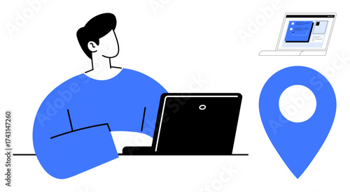 Worker focused on laptop, digital screen showing interface, and location pin symbol. Ideal for technology, remote work, global communication, navigation, productivity, team collaboration
