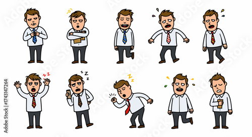 Frustrated businessman in various states with transparent background