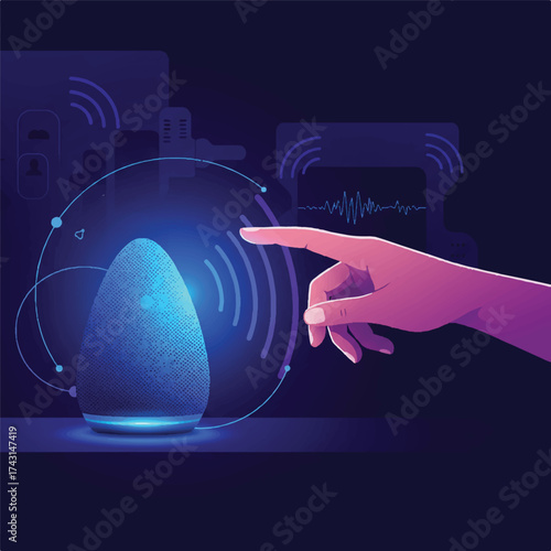 Illustration of a hand interacting with a glowing blue egg-shaped device with futuristic interface in a dark room.