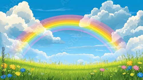 Fototapeta Naklejka Na Ścianę i Meble -  Colorful rainbow over dark stormy sky in peaceful countryside landscape