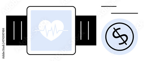 Smart fitness tracker screen displaying heart rate alongside dollar icon. Ideal for health tech, wellness, finance, wearable, healthcare cost, fitness gadget, simple flat metaphor