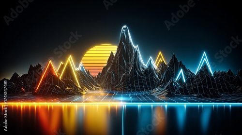 Synthwave landscape with neon mountains and a retro sun providing a vibrant scene