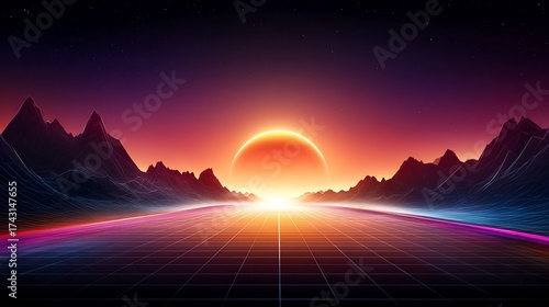 Synthwave sunset over the mountains with digital grid landscape creates a nostalgic retro feel