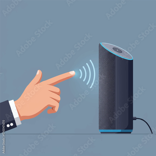 Hand interacting with smart speaker device on a gray background