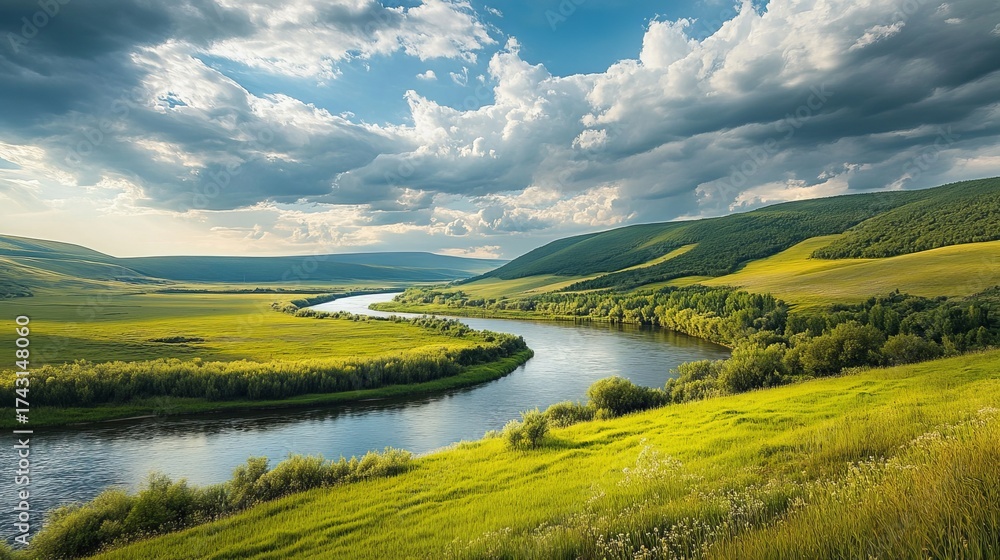 Fototapeta premium Peaceful green landscape by river under cloudy sky scenic nature view