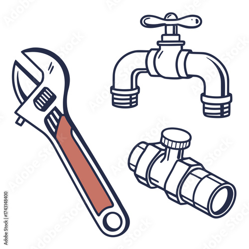 A set of plumbing tools and fixtures including an adjustable wrench a faucet and a pipe fitting depicted in a simple clean line art style with a touch of color on a white background