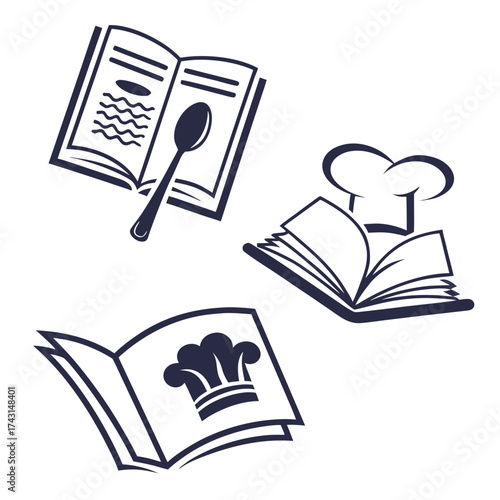 Collection of stylized dark blue line art icons representing open cookbooks with culinary symbols like a spoon and chef hats on a white background illustrating cooking and recipe concepts