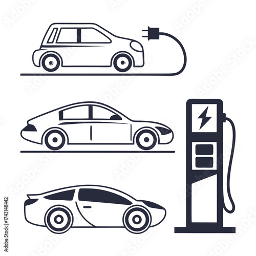 Three stylized electric vehicles in a clean outline design one car charging with a plug and cable another car at a charging station and a third sleek sports car