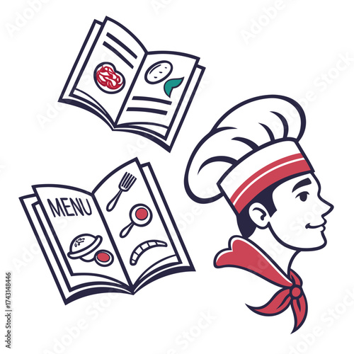 A stylized illustration featuring a chef s head in profile wearing a toque and bandana alongside two open menus displaying food icons and text perfect for culinary branding