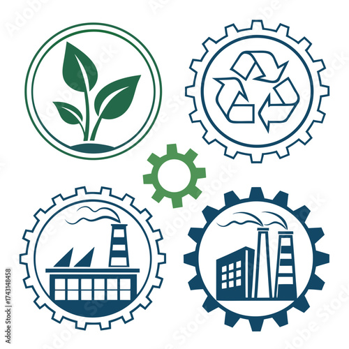 Industrial gears symbolize the interconnectedness of manufacturing recycling and sustainable growth with a seedling representing nature and a small green gear connecting the elements