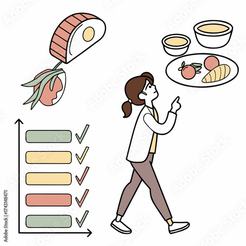 A woman points to a healthy meal plan with a checklist and nutritious food items like eggs fruit vegetables and soup representing healthy eating and lifestyle choices