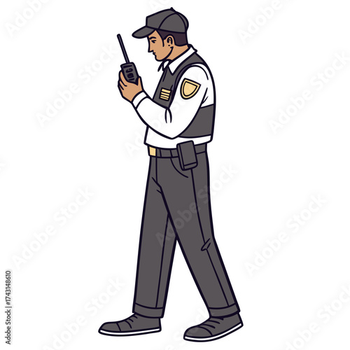 A cartoon illustration of a male security guard wearing a cap and vest holding a walkie talkie and walking with a serious expression on his face