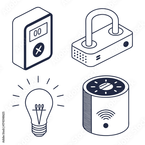 A collection of isometric line art icons representing smart home technology including a digital display device a smart lock a glowing light bulb and a wireless speaker or hub