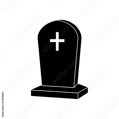 Black gravestone with white cross on transparent background silhouette