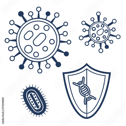 Abstract representation of viruses and bacteria alongside a protective shield containing a dna helix symbolizing scientific defense and medical research against infectious diseases and genetic threats