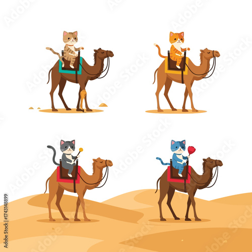 Four cute cartoon cats riding camels in a desert landscape, each cat with unique colors and accessories, depicting a whimsical journey.