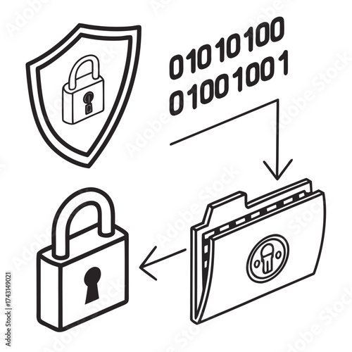 Digital security concept with a shield and padlock representing protection binary code symbolizing data and a folder with a user icon indicating secure file management and access control