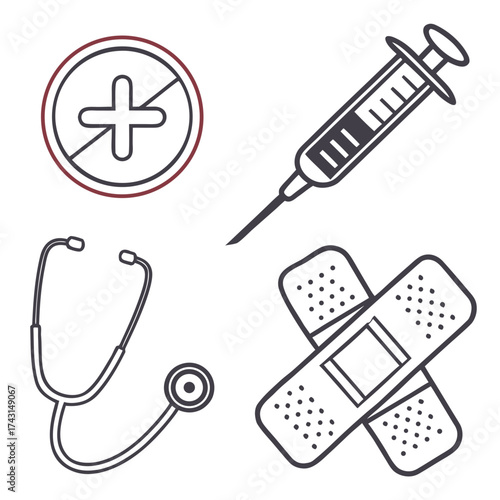 A collection of simple line art medical icons including a stethoscope a syringe a prohibition sign with a plus symbol and crossed bandages on a white background