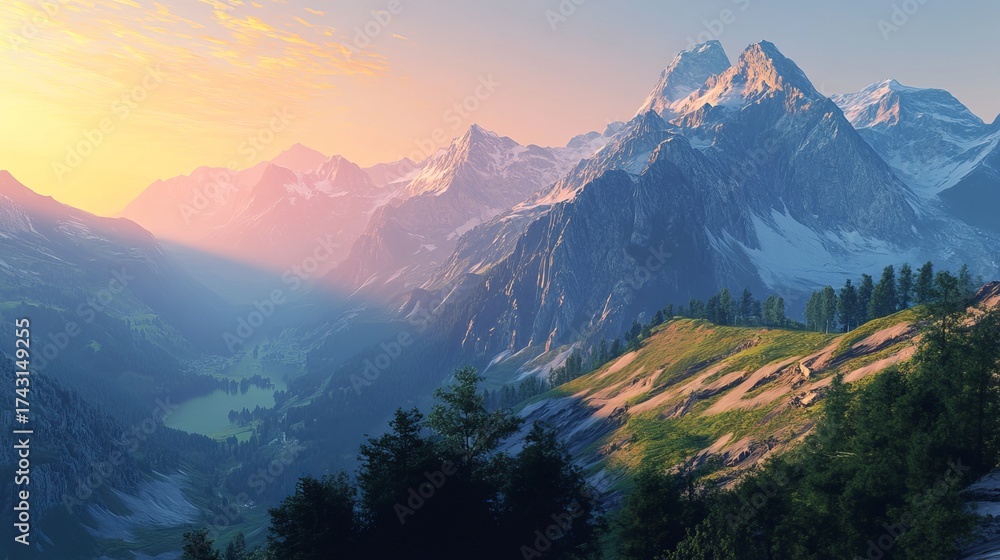 Obraz premium Stunning swiss mountain landscape with snow peaks and green valley