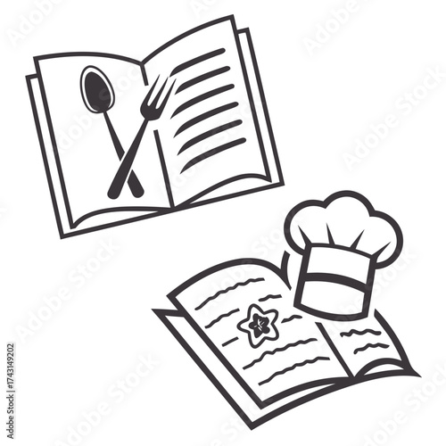 A culinary concept represented by two open books one featuring a spoon and fork the other a chef s hat and star symbol symbolizing cooking and recipes