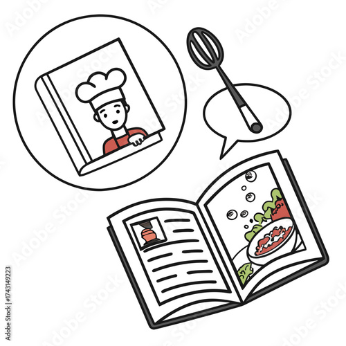 A chef s hat wearing cartoon character peeks out of a cookbook with a whisk and a recipe book open displaying food and instructions illustrating culinary inspiration and learning