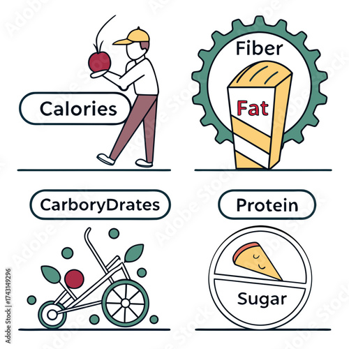 Nutritional information breakdown with icons representing calories carbohydrates fiber fat protein and sugar for healthy eating and diet planning concepts