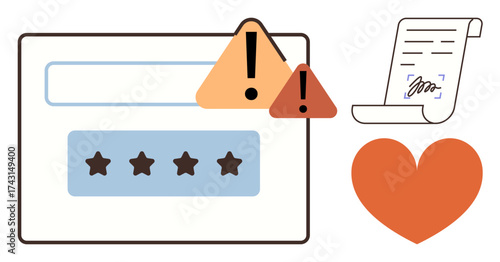Browser review form with stars, warning signs for critical alerts, contract signature for authenticity, and heart for positive feedback. Ideal for digital trust, ratings, validation, UX