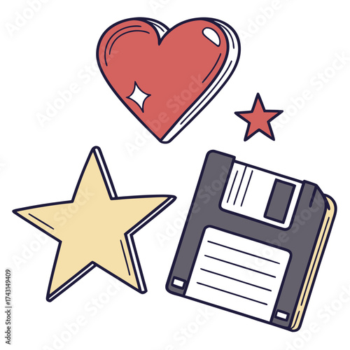 A whimsical collection of retro icons featuring a red heart two stars in yellow and red and a vintage floppy disk all rendered in a playful hand drawn doodle style on a white background